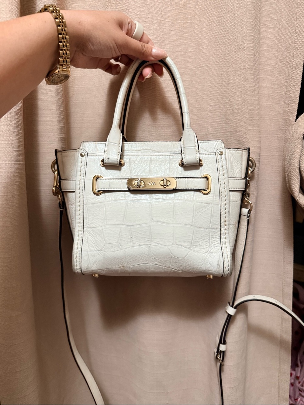 Mini Coach White Croc-Embossed Leather Satchel with Gold Hardware